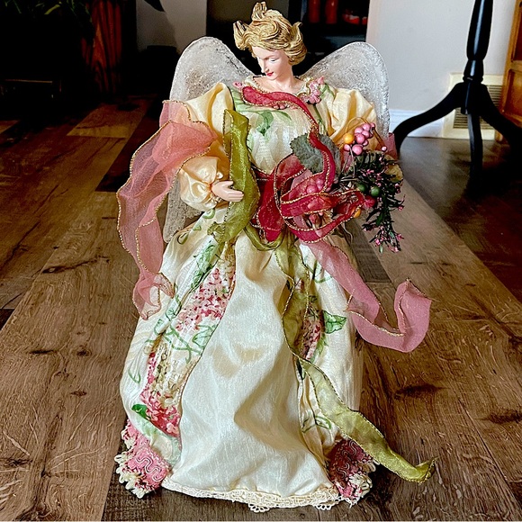 Vintage Ceramic Angel Christmas Tree Topper or Deco, Deep Green and Wine Red - Picture 1 of 8